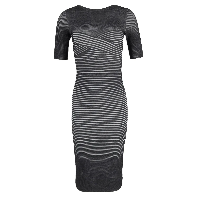 Herve Leger Metallic Ribbed Bandage Midi Dress in Grey Polyester