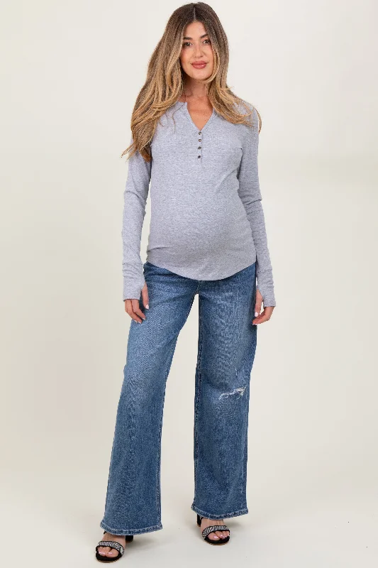 Blue Distressed Open Knee Wide Leg Maternity Jeans