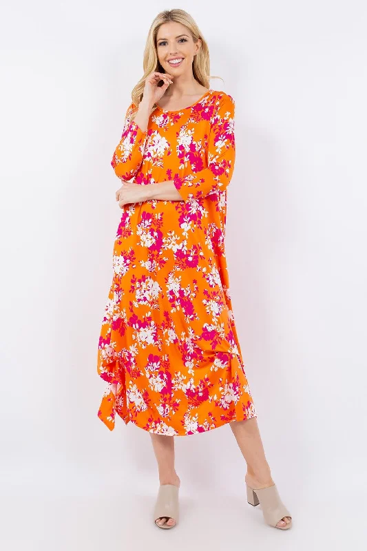 Full Size Pick-Up Hem Asymmetric Floral Midi Dress