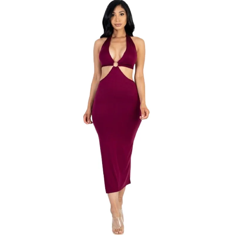 Cut-out Halter Neck Double Back Tie Split Thigh Midi Dress