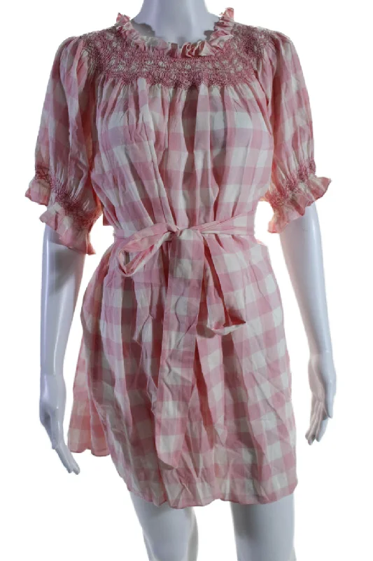 Doen Womens Elastic Neckband Tie Up Halter Checkered Mini Dress Pink