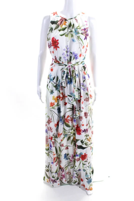 Compli K Womens Round Neck Sleeveless Asymmetric Ruffle Floral Maxi Dress