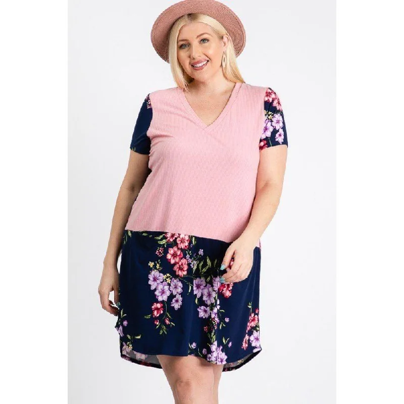 Short Sleeve Floral Blocked Midi Dress With Front Pocket