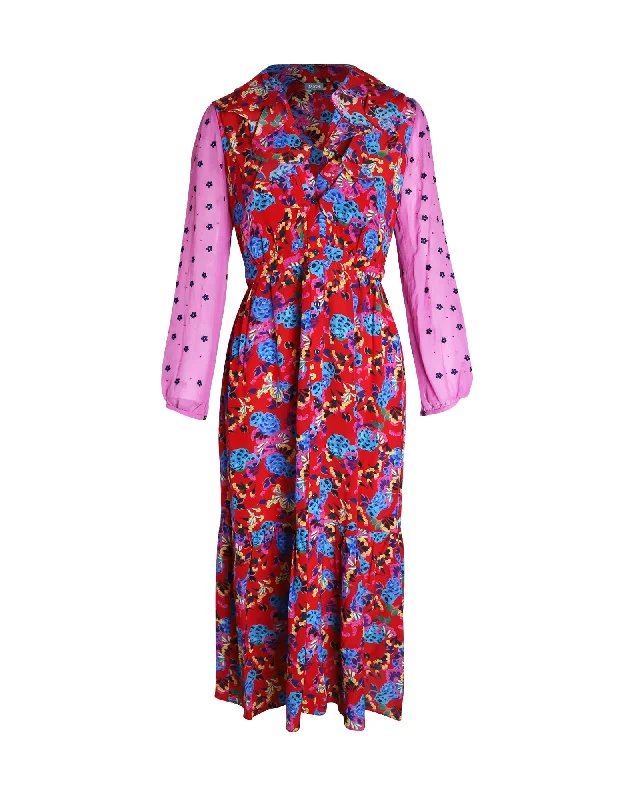 Saloni Sheer Sleeve Printed Midi Dress in Multicolor Silk