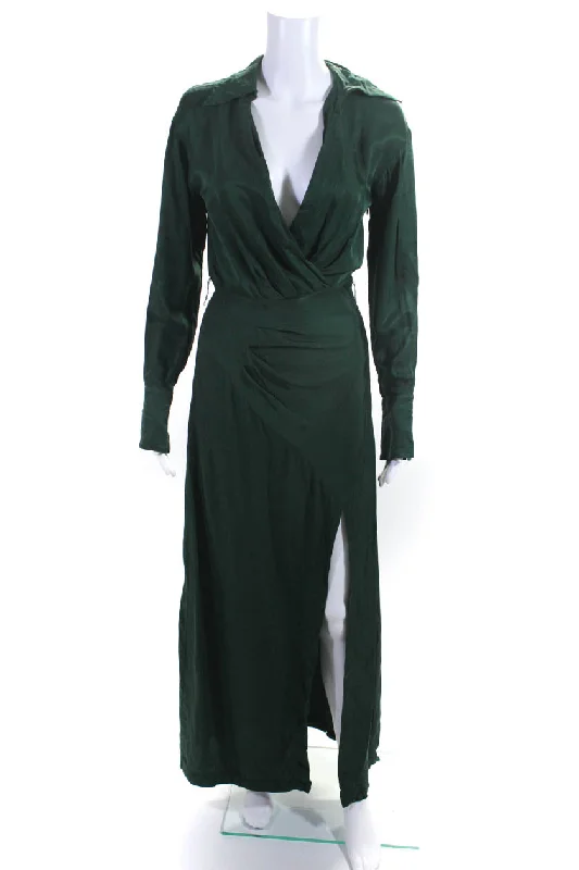 Nicholas Womens Collared V-Neck Long Sleeve Side Zip Maxi Dress Green