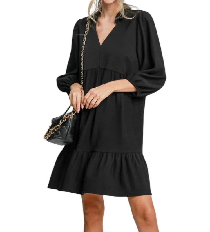 Tiered Ribbed Knit Mini Dress In Black