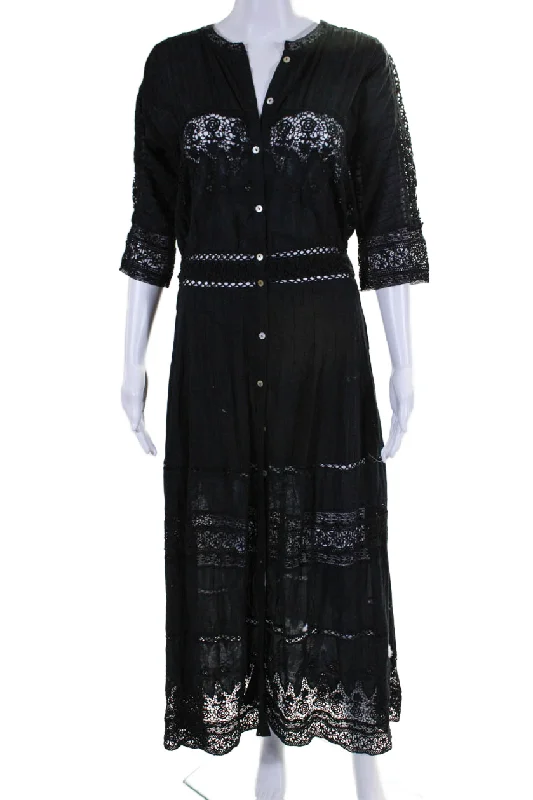 Love Shack Fancy Womens Button Front Lace Trim Maxi Shirt Dress Black