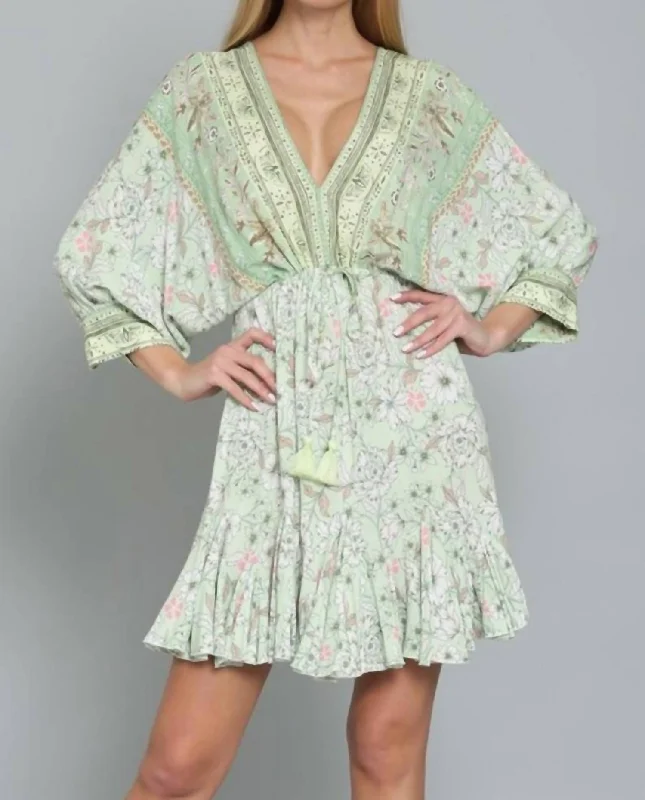 Dolman Sleeve Tie Front Waist Border Print Mini Dress In Pale Green Multi