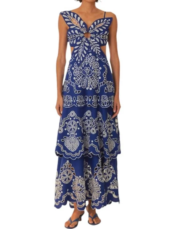 Flower Richelieu Midi Dress In Blue