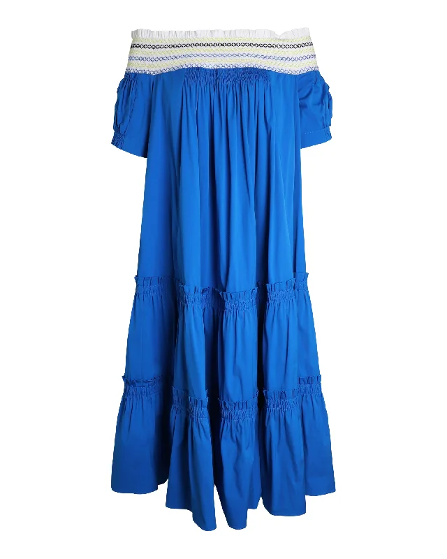 Peter Pilotto Tiered Off-Shoulder Midi Dress in Blue Cotton