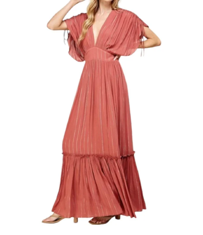 Ruched Tiered Lurex Insert Maxi Dress In Berry