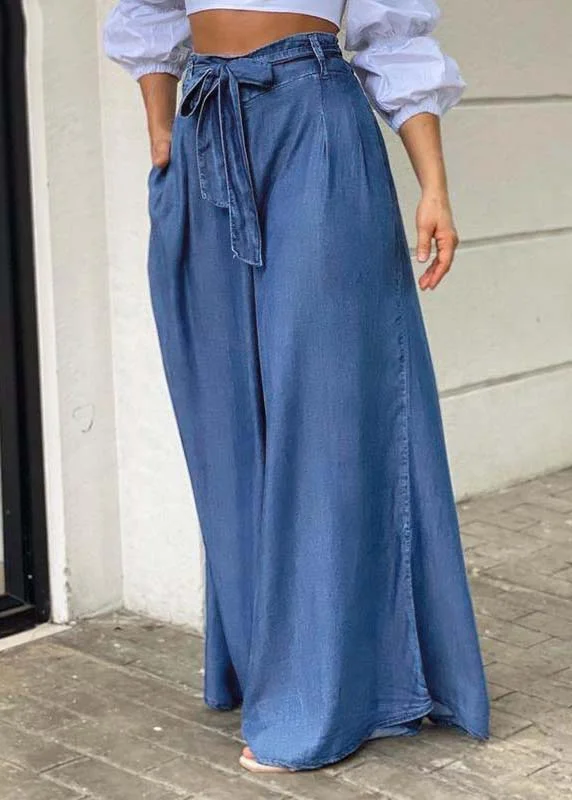 Italian Blue Tie Waist Oversized Denim Wide Leg Pants Trousers Summer