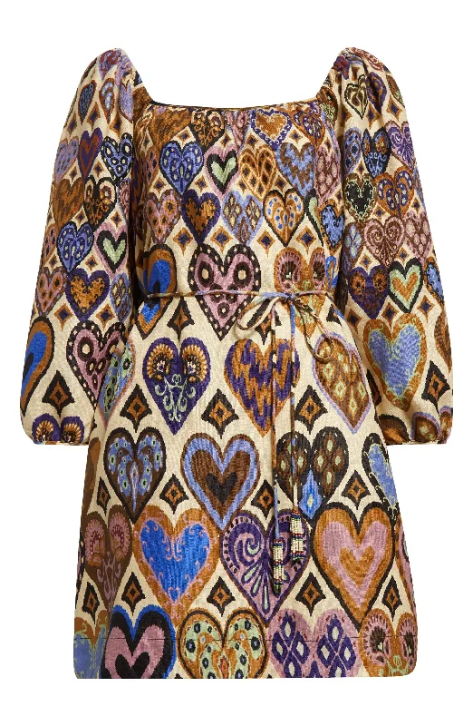 Farm Rio Women's Long Sleeve Mini Dress, Hearts Ikat Cream