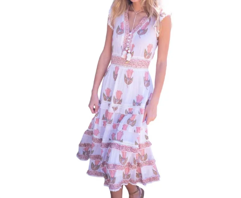 Lisa Midi Tulip Print Dress In Peach Tulip