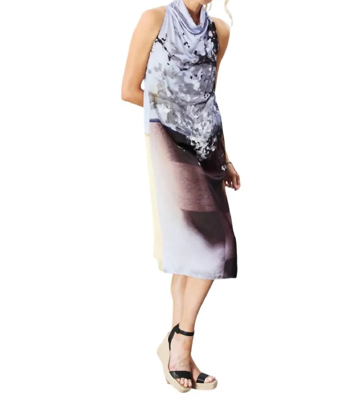 Printed Funnel Neck Maxi Dress In Purple