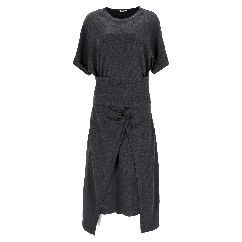 Brunello Cucinelli Twist-Front Midi Jersey Dress In Grey Cotton