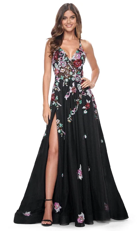 La Femme 32051 - Floral Sequin V-Neck Prom Gown