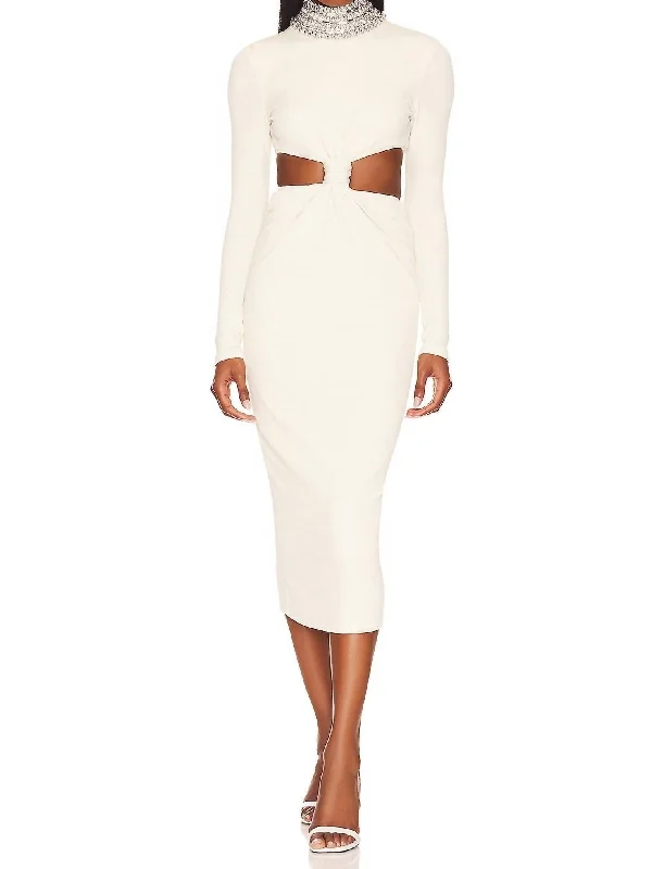 Stretch Knit Midi Dress With Removable Beaded Collar In Bone