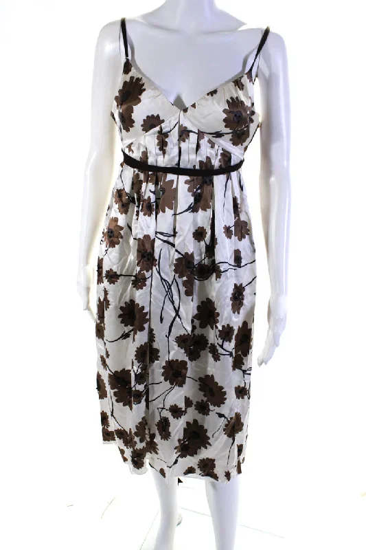 Vera Wang Womens Floral Print A Line Belted Maxi Dress White Brown