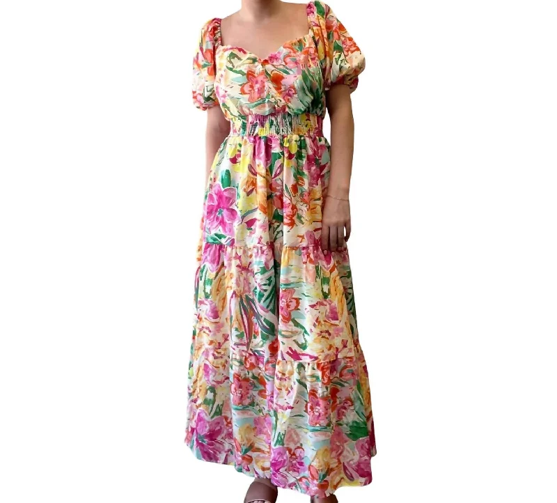 Garden Floral Midi Dress In Ivory Fuchsia