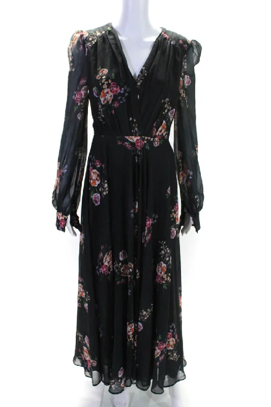 Ieena for MacDuggal Womens Chiffon Floral V-Neck A-Line Maxi Dress Black