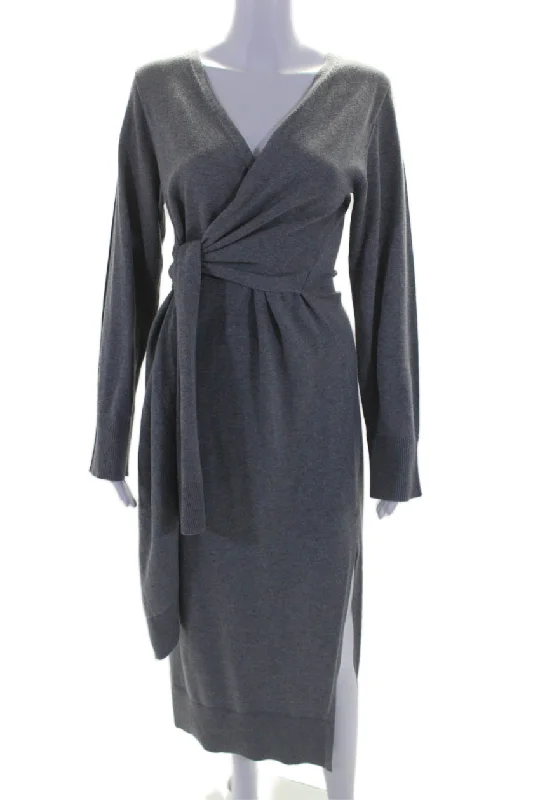 Simkhai Womens Cotton Blend V-Neck Long Sleeve Maxi Sweater Dress Gray