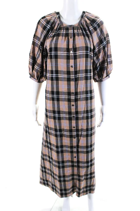 Staud Womens Plaid 3/4 Sleeve Button Up A-Line Maxi Dress Beige Black