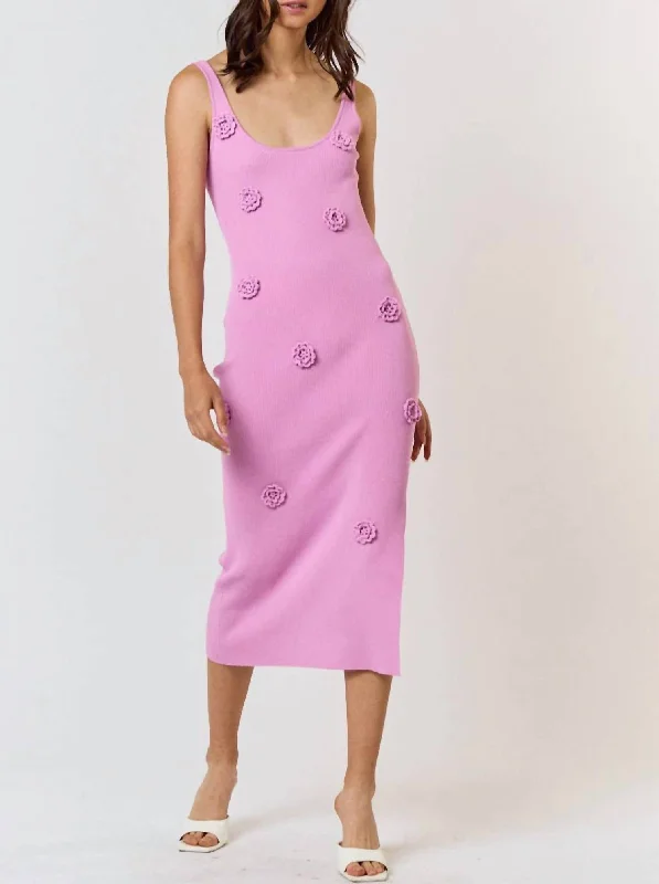 Rosette Ribbed Kit Sweater Midi Dress In Candy Pink