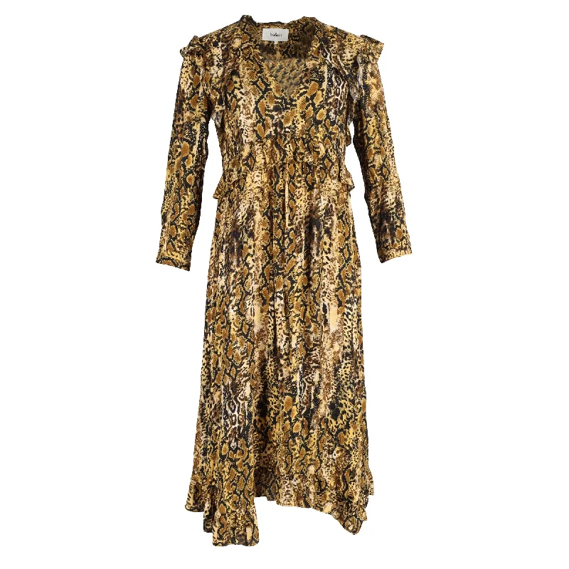 Ba&Sh Snake Print Ruffled Midi Dress in Yellow Viscose