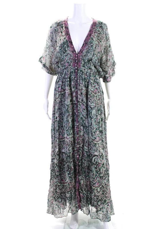 Rococo Sand Womens Metallic Paisley Print Short Sleeve Maxi Dress Green