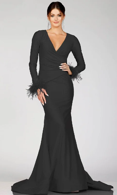 Terani Couture 231P0074 - Long Sleeve Feathered Detailed Evening Gown