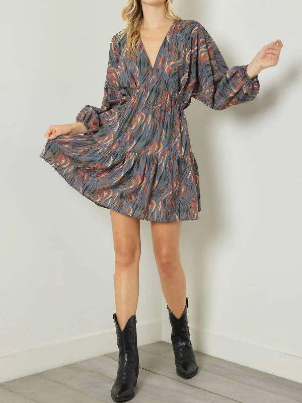 Long Sleeve Mini Dress In Charcoal Flame Print