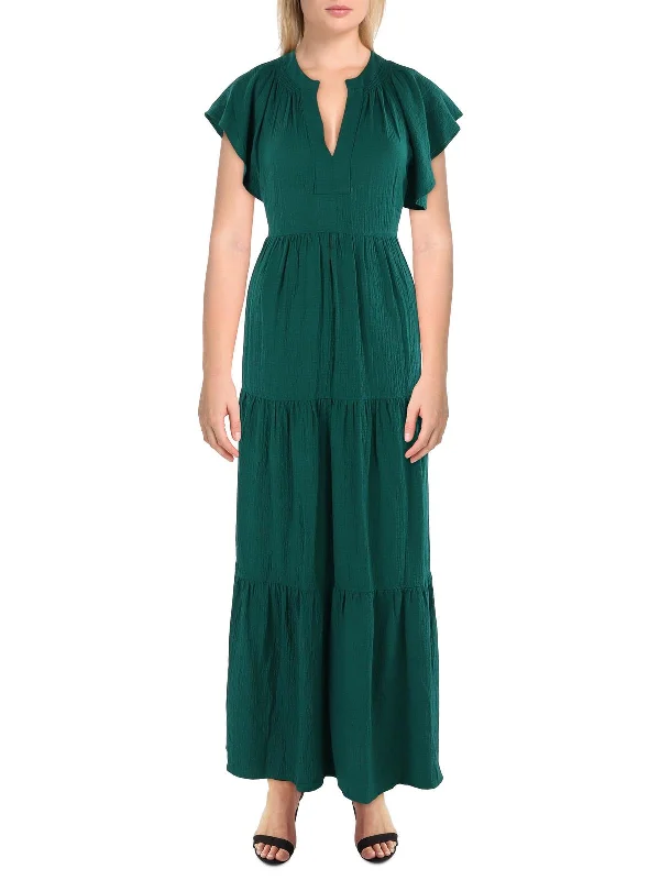 Womens Tiered Flutter Sleeves Maxi Dress