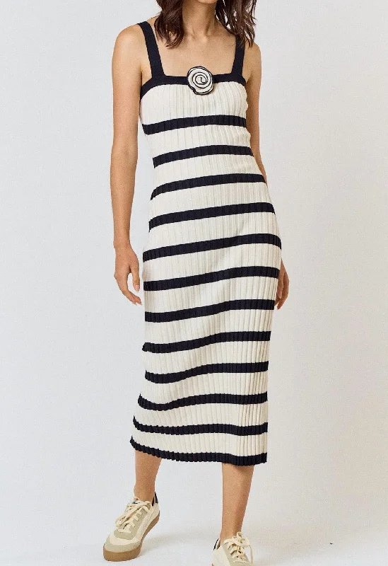 Rosette Striped Sleeveless Sweater Midi Dress In Cream/black