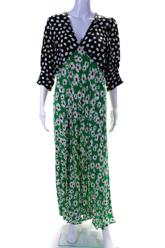 Rixo Womens Silk Patchwork Floral Polka Dot Side Slit Maxi Dress Green