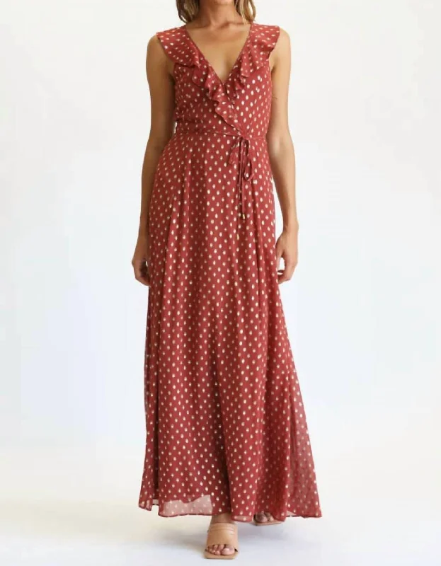 Polka Dot Ruffle Maxi Dress In Rust