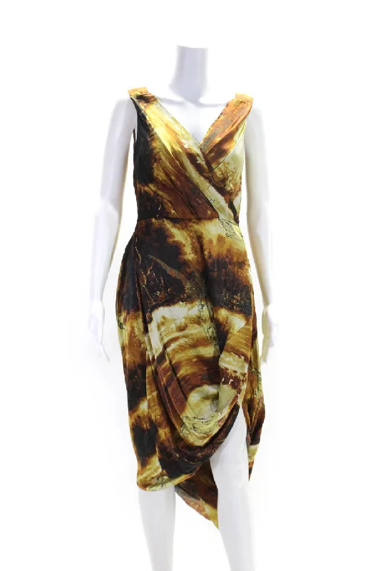 Gary Graham Womens Silk Abstract Print Draped Side Zipped Maxi Gown Brown