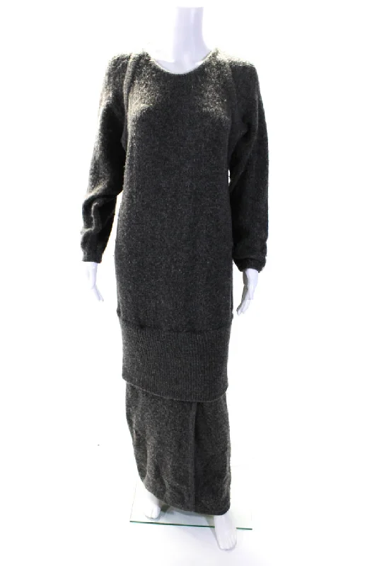 Hermes Womens Alpaca Layered Textured Long Sleeve Maxi Sweater Dress Gray