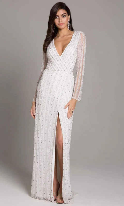 Lara Dresses - 51007 Beaded Deep V-neck Long Sleeve Sheath Dress