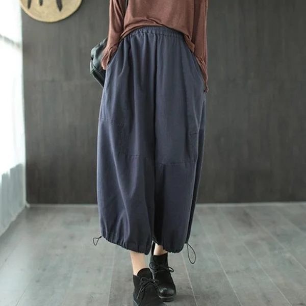 Loose Leisure Pockets Elastic Waist Ankle-length Wide Leg Pants