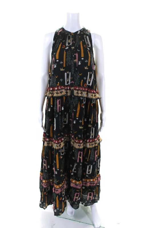 Carolina K Womens Buttoned Sleeveless Tiered Maxi Dress Navy Blue Tan