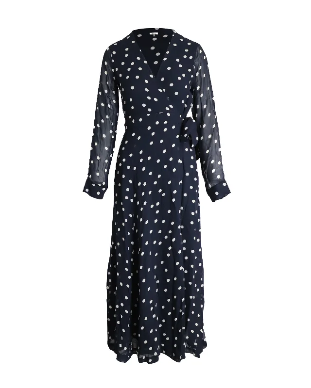 Ganni Polka Dot Midi Wrap Dress in Navy Viscose