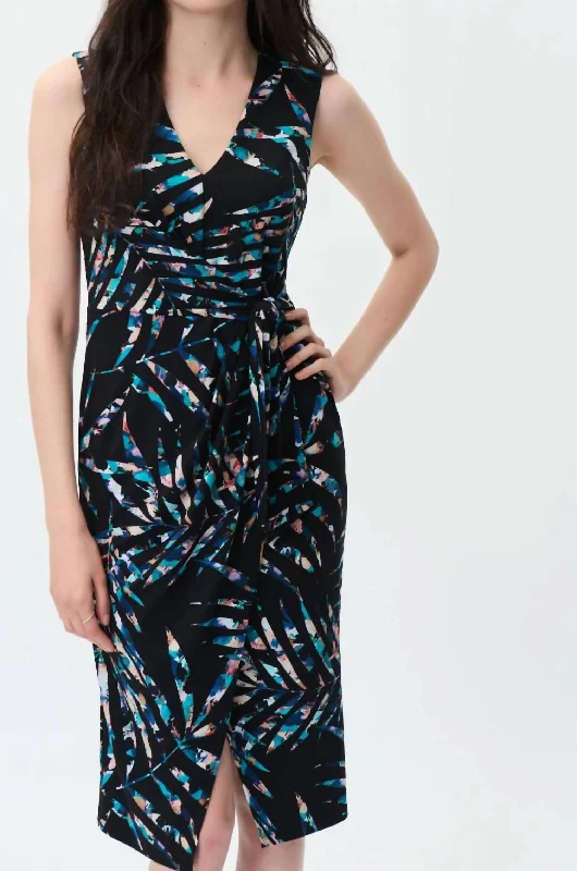 Leaf Pattern Midi Dress In Black Multi