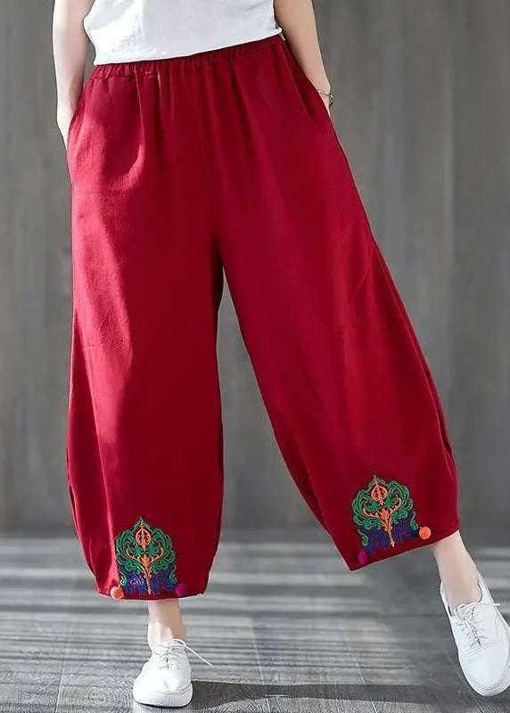 Handmade Red Embroideried Pockets Patchwork Cotton Lantern Pants Summer