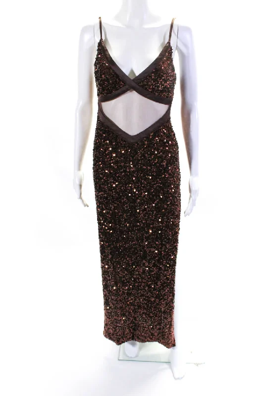 Meshki Women's V-Neck Sheer Trim Spaghetti Straps Sequin Maxi Dress Brown