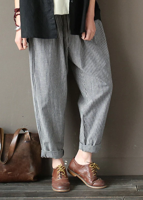 Linen Grey Striped Elastic Waist Linen Beam Pants Spring