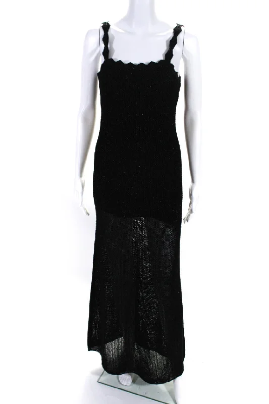 Toccin Womens Metallic Open Knit Sleeveless Maxi Sweater Dress Black