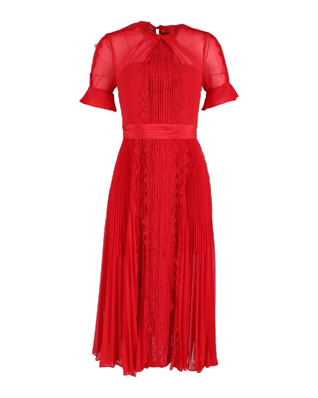 Self-Portrait Pleated Midi Dress in Red Silk