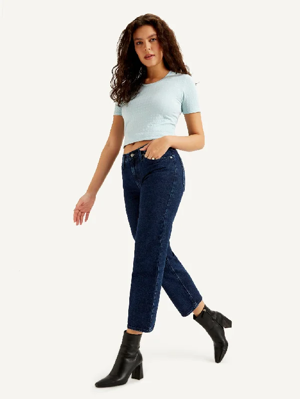 Women's Mid Rise Loose Fit Dark Blue Jeans