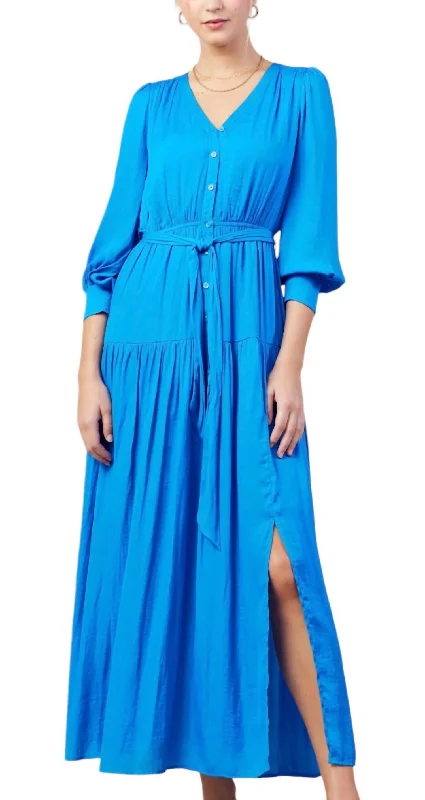 Button Front Tiered Maxi Dress In Vivid Blue